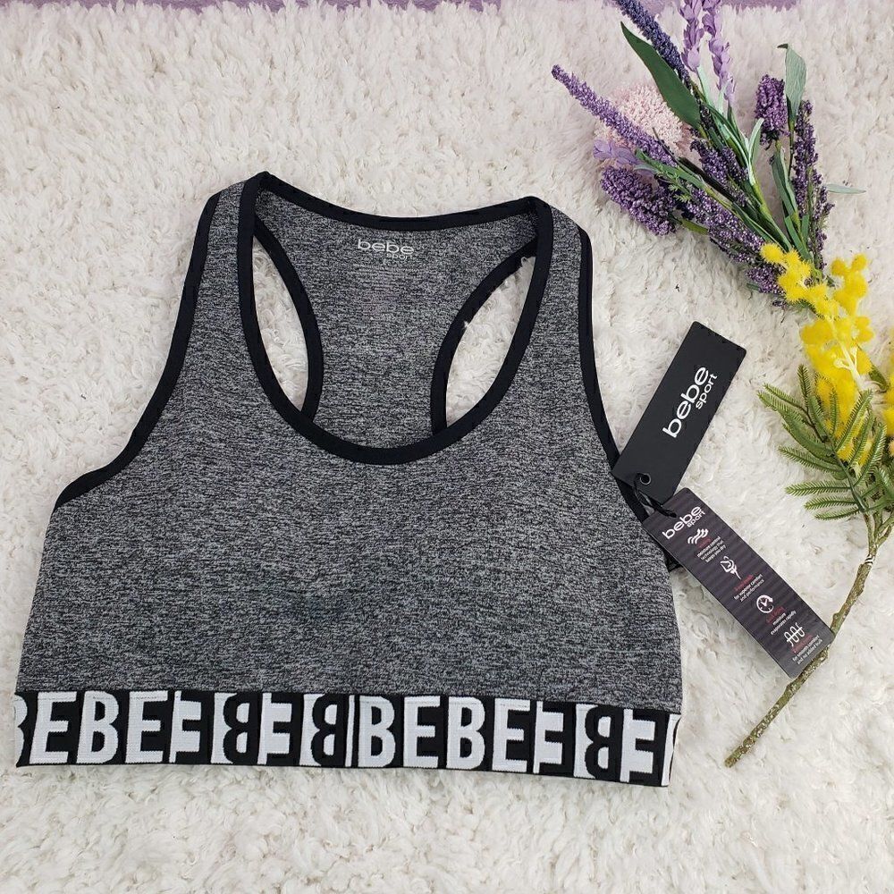 BEBE SPORTS Gray Black Trim Logo Bralette Bra L
